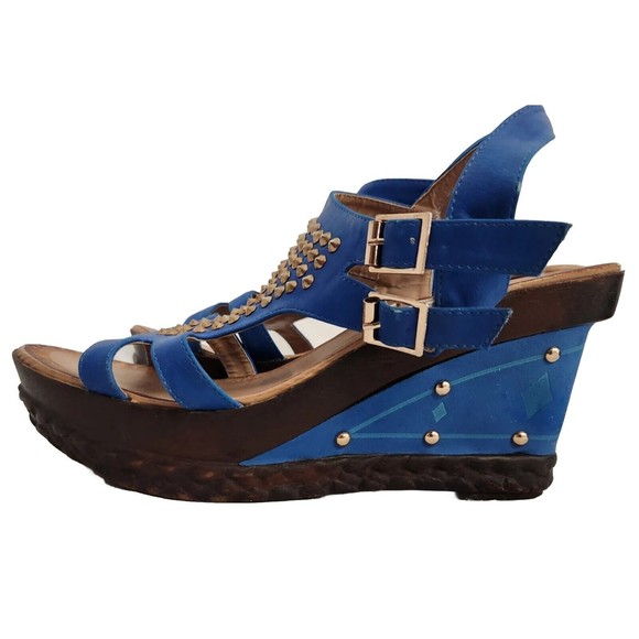 CR COLLECTION Blue Wedge Sandals Gold Studs US Women's Size 9.5 EU Size 40 - Picture 3 of 6